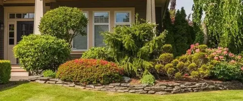 Front yard landscaping with shrubs and stone edging